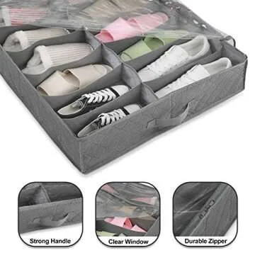 Magicfly Shoe Holder Under Bed, Shoe Organizer Underbed Storage Bag with Zipper for Kids and Adults, Fits 12 Pairs, Grey