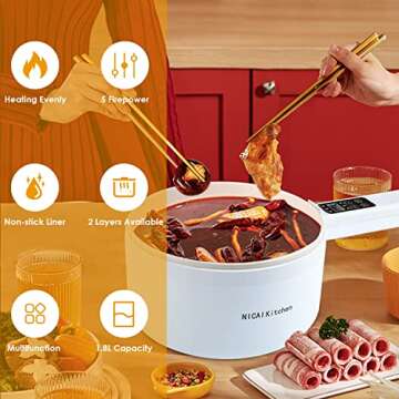 NICAI Kitchen Electric Hot Pot, 1.8L Electric Cooker Steamer for Ramen, Steak, Egg, Rice, Soup