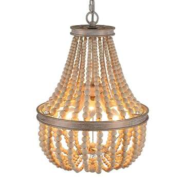 Q&S Wood Beaded Chandelier 3-Lights Rustic Antique Vintage Farmhouse Boho Pendant Light Fixtures for...