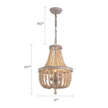 Q&S Wood Beaded Chandelier 3-Lights Rustic Antique Vintage Farmhouse Boho Pendant Light Fixtures for Nursery Baby’s Bedroom Dining Room Kitchen Entryway UL Listed