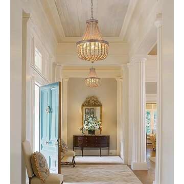 Q&S Wood Beaded Chandelier 3-Lights Rustic Antique Vintage Farmhouse Boho Pendant Light Fixtures for Nursery Baby’s Bedroom Dining Room Kitchen Entryway UL Listed