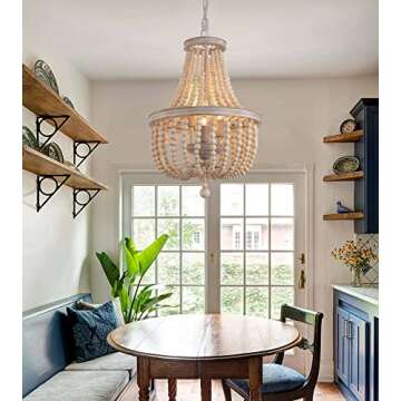 Q&S Wood Beaded Chandelier 3-Lights Rustic Antique Vintage Farmhouse Boho Pendant Light Fixtures for Nursery Baby’s Bedroom Dining Room Kitchen Entryway UL Listed