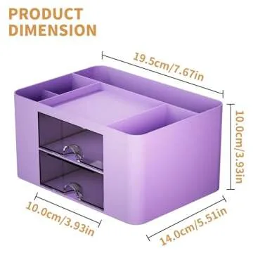 Marbrasse Pen Organizer with 2 Drawer, Multi-Functional Pencil Holder for Desk, Desk Organizers and Accessories with 5 Compartments + Drawer for Office Art Supplies (Purple)