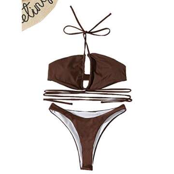 Verdusa Women's 2 Piece Crisscross High Cut Padded Halter Bikini Set Swimsuit Coffee L