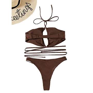 Verdusa Women's 2 Piece Crisscross High Cut Padded Halter Bikini Set Swimsuit Coffee L