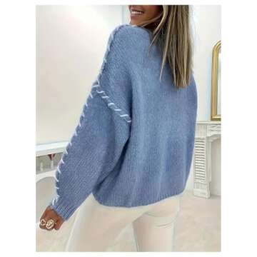 MakeMeChic Women's Crew Neck Contrast Binding Sweater Long Sleeve Knitted Pullover Tops Blue Small