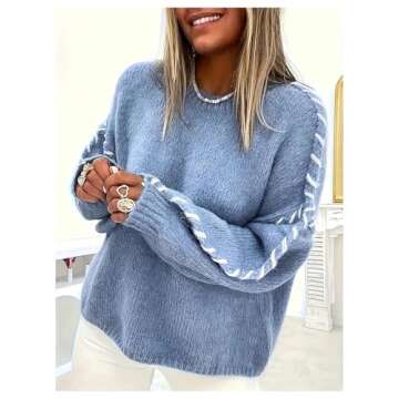 MakeMeChic Women's Crew Neck Contrast Binding Sweater Long Sleeve Knitted Pullover Tops Blue Small