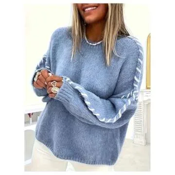 MakeMeChic Women's Crew Neck Contrast Binding Sweater Long Sleeve Knitted Pullover Tops Blue Small