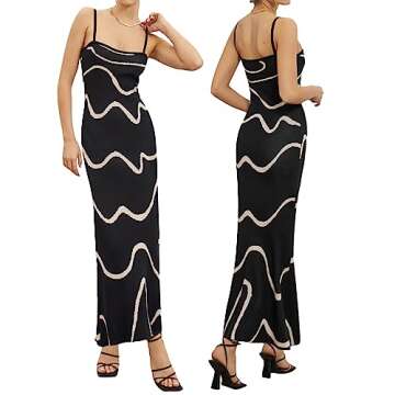 Fabumily Sexy Knit Bodycon Dress for Women Sleeveless Spaghetti Strap Cut Out Maxi Dress Backless Y2K Summer Beach Dresses (Ab- Wave Black, Medium)
