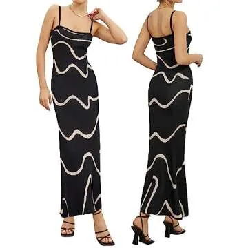 Fabumily Sexy Knit Bodycon Dress for Women Sleeveless Spaghetti Strap Cut Out Maxi Dress Backless Y2K Summer Beach Dresses (Ab- Wave Black, Medium)