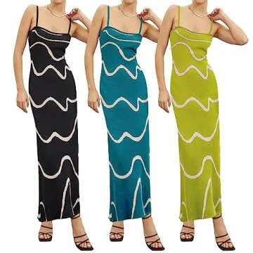 Fabumily Sexy Knit Bodycon Dress for Women Sleeveless Spaghetti Strap Cut Out Maxi Dress Backless Y2K Summer Beach Dresses (Ab- Wave Black, Medium)