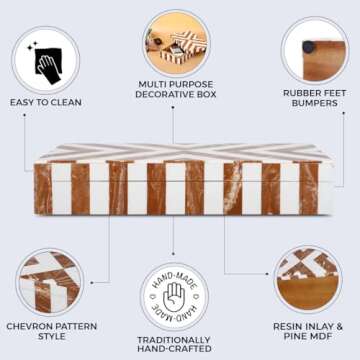 Handicrafts Home Handmade Chevron Pattern Decorative Box - Storage Organizer, Decor Centrepiece, Memory Keepsakes, Home Decor - Boho Style Treasure Box, Multipurpose Gift - Brown, 12x6x2