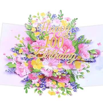 100th Birthday Card, Elegant Pop Up Cards with 3D Design Flowers for Women, Includes Note for Person...