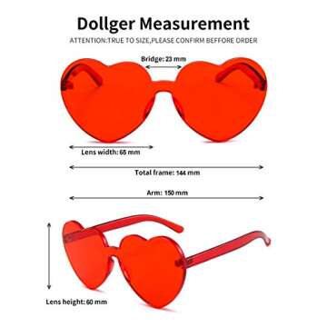Dollger Heart Shape Sunglasses for women One Piece Transparent Rimless Candy Color Heart Glasses Red