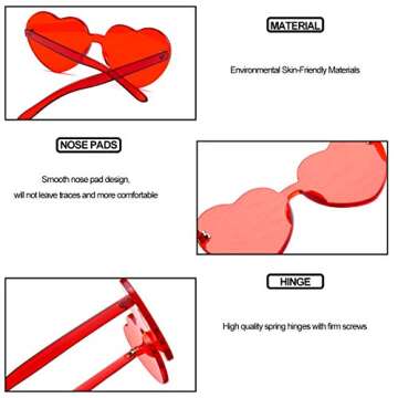 Dollger Heart Shape Sunglasses for women One Piece Transparent Rimless Candy Color Heart Glasses Red