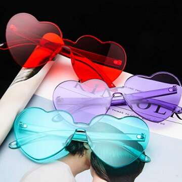 Dollger Heart Shape Sunglasses for women One Piece Transparent Rimless Candy Color Heart Glasses Red