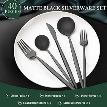 40-Piece Matte Black Silverware Set for 8, CEKEE Stainless Steel Flatware Cutlery Set, Cutlery Kitch...