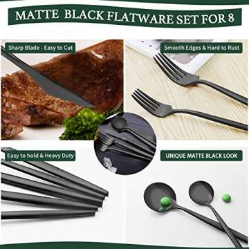 40-Piece Matte Black Silverware Set for 8, CEKEE Stainless Steel Flatware Cutlery Set, Cutlery Kitchen Utensils Set for Home Restaurant Apartment, Include Knife Forks and Spoons Silverware Set
