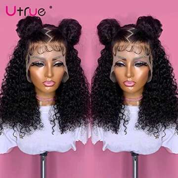 Utrue Curly Wave 13x4 Lace Front Pre Plucked 150% Density Brazilian Virgin Wet and Wavy Kinky Human Hair Wig with Baby Hair Natural Color 16 Inch