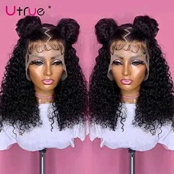 Utrue Curly Wave 13x4 Lace Front Pre Plucked 150% Density Brazilian Virgin Wet and Wavy Kinky Human Hair Wig with Baby Hair Natural Color 16 Inch
