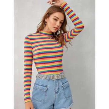 Floerns Women's High Neck, Long Sleeve Slim Fit Stretch Striped T-Shirts