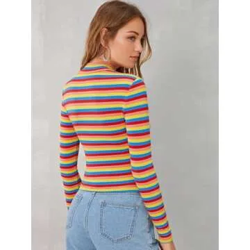 Floerns High Neck Slim Fit Striped T-Shirts for Women