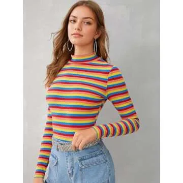 Floerns High Neck Slim Fit Striped T-Shirts for Women