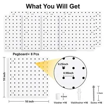 8Pcs Pegboard Wall Organizer Panels, White Pegboard Wall Mount for Craft Room, Garage, Kitchen, Living Room, Bathroom, and Study Room, Peg Boards for Walls Easy to Install