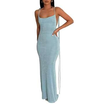 JUMISEE Women Sexy Backless Draped Maxi Dress - Summer Ready Party Dress in Blue