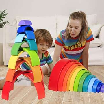 Lewo 12 PCS Wooden Rainbow Stacker Extra Large Stacking Game Nesting Puzzle Building Blocks Educational Toys for Kids Baby Toddlers