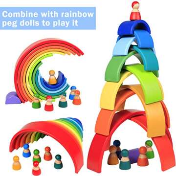 Lewo 12 PCS Wooden Rainbow Stacker Extra Large Stacking Game Nesting Puzzle Building Blocks Educational Toys for Kids Baby Toddlers