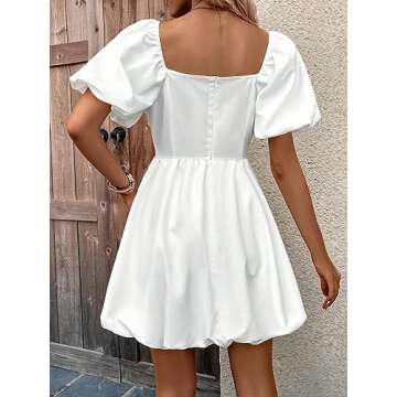 WDIRARA Women's Casual High Waisted Pleated Dress Short Puff Sleeve Square Neck Mini Dress White L