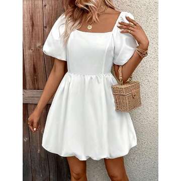 WDIRARA Women's Casual High Waisted Pleated Dress Short Puff Sleeve Square Neck Mini Dress White L