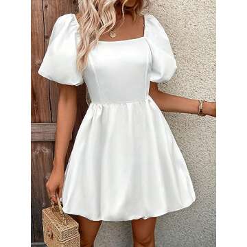 WDIRARA Women's Casual High Waisted Pleated Dress Short Puff Sleeve Square Neck Mini Dress White L