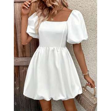 WDIRARA Women's Casual High Waisted Pleated Dress Short Puff Sleeve Square Neck Mini Dress White L