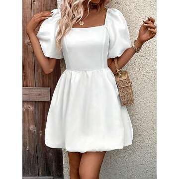 WDIRARA Women's Casual High Waisted Pleated Dress Short Puff Sleeve Square Neck Mini Dress White L
