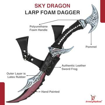 Armory Replicas™ Demon Sky Warrior Role Play Foam Dagger with Free Frog Combo | 19.5” Polyurethane Foam Blade with 10mm Inner Core | Silver, Black, Brown, Blue, Red Lacquer Finish