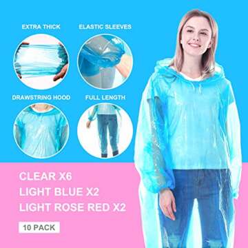 Disposable Rain Ponchos for Adults - Family Pack of 10