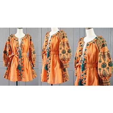 R.Vivimos® Women's Tassel Embroidered Short Dresses with Belt Orange