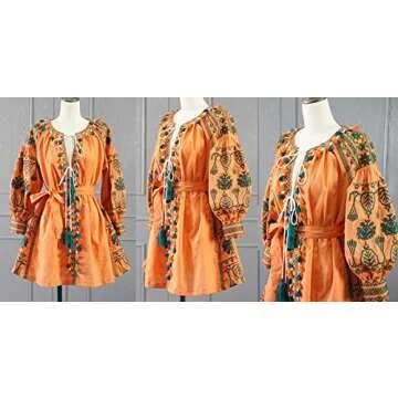 R.Vivimos® Women's Tassel Embroidered Short Dresses with Belt Orange