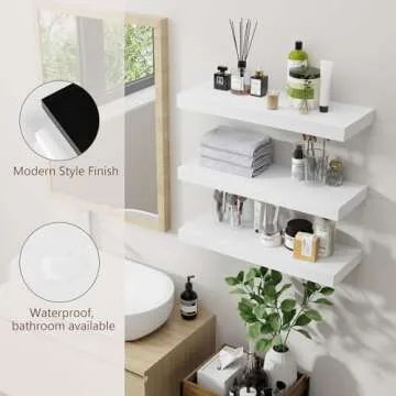 White Floating Shelves for Wall, Wooden Shelves for Wall Set of 3, Modern White Shelves for Bedroom Living Room Bathroom Kitchen, Shelves for Wall Decor Storage - White