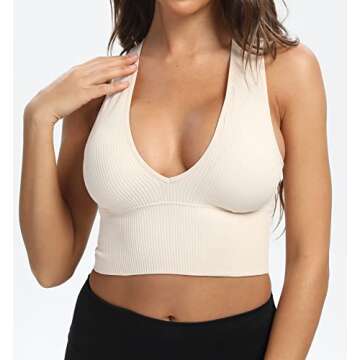 Venbond Women's Sexy Sleeveless Seamless Crop Top Deep Plunge V Neck Ribbed Tank Top with Removable Pads (Light Nude, S)