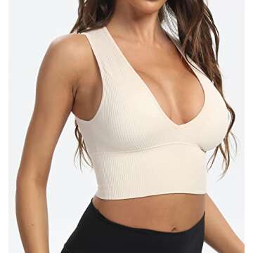 Venbond Women's Sexy Sleeveless Seamless Crop Top Deep Plunge V Neck Ribbed Tank Top with Removable Pads (Light Nude, S)