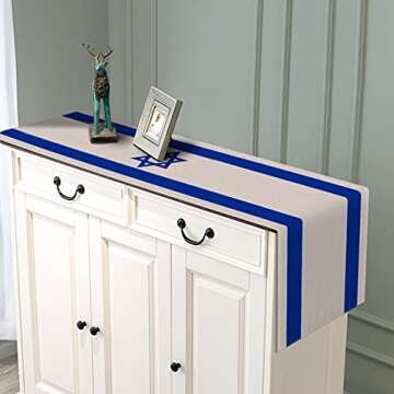 Linen Israel Flag Table Runner Jewish Table Decoration for Passover Rosh Hashanah Sukkot Sukkah Kitchen Dinning Room Party Decor (13" x 72")