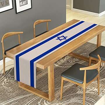 Linen Israel Flag Table Runner Jewish Table Decoration for Passover Rosh Hashanah Sukkot Sukkah Kitchen Dinning Room Party Decor (13" x 72")