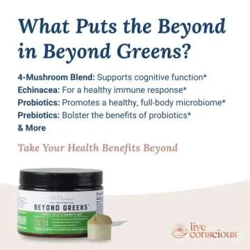 Live Conscious Beyond Greens Superfood Powder - Delicious Debloating Super Greens Powder - Matcha Greens Blend w/Chlorella, Echinacea, Probiotics for Immune Support & Energy