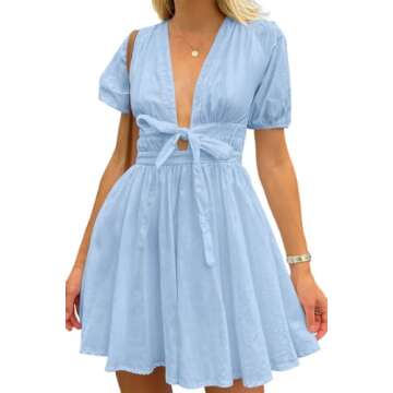 MASKAZU Women's Cute Summer Short Puff Sleeve Tie Cotton Mini Dress