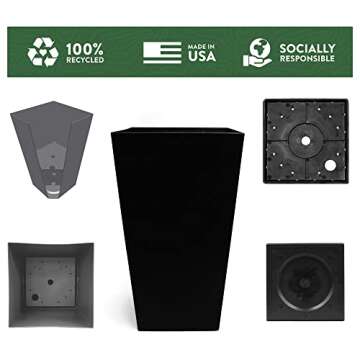 Bloem Tall Finley Tapered Square Planter: 20" - Black - Matte Textured Finish, 100% Recycled Plastic Pot, for Indoor and Outdoor Use, Gardening, 5 Gallon Capacity
