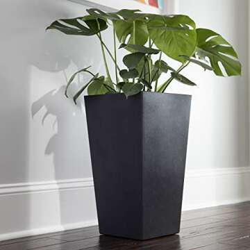 Bloem Tall Finley Tapered Square Planter: 20" - Black - Matte Textured Finish, 100% Recycled Plastic Pot, for Indoor and Outdoor Use, Gardening, 5 Gallon Capacity