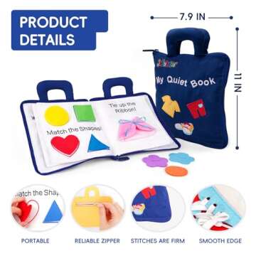 Jollybaby Baby Soft Busy Books -My Quiet Book, Travel Toy & Montessori Sensory Educational, 10 Preschool Learning Activities for 1 2 3 Year Old Toddlers Boy Girl(Blue)